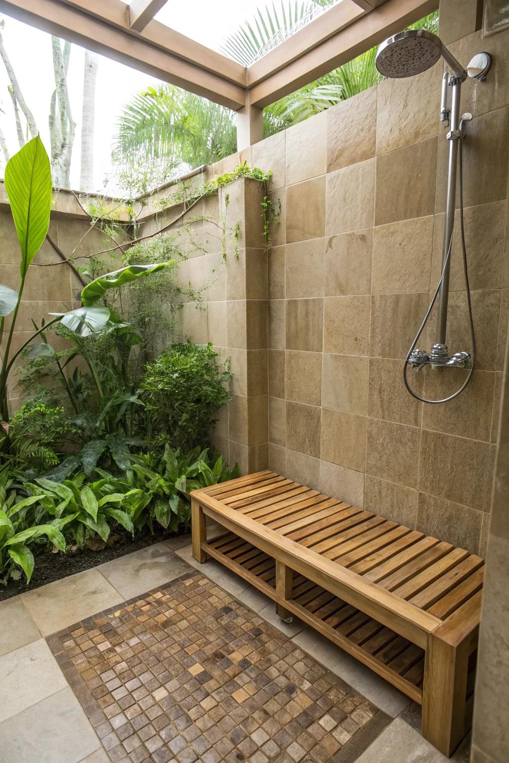 Eco-friendly bamboo bench adding warmth and sustainability to the shower.