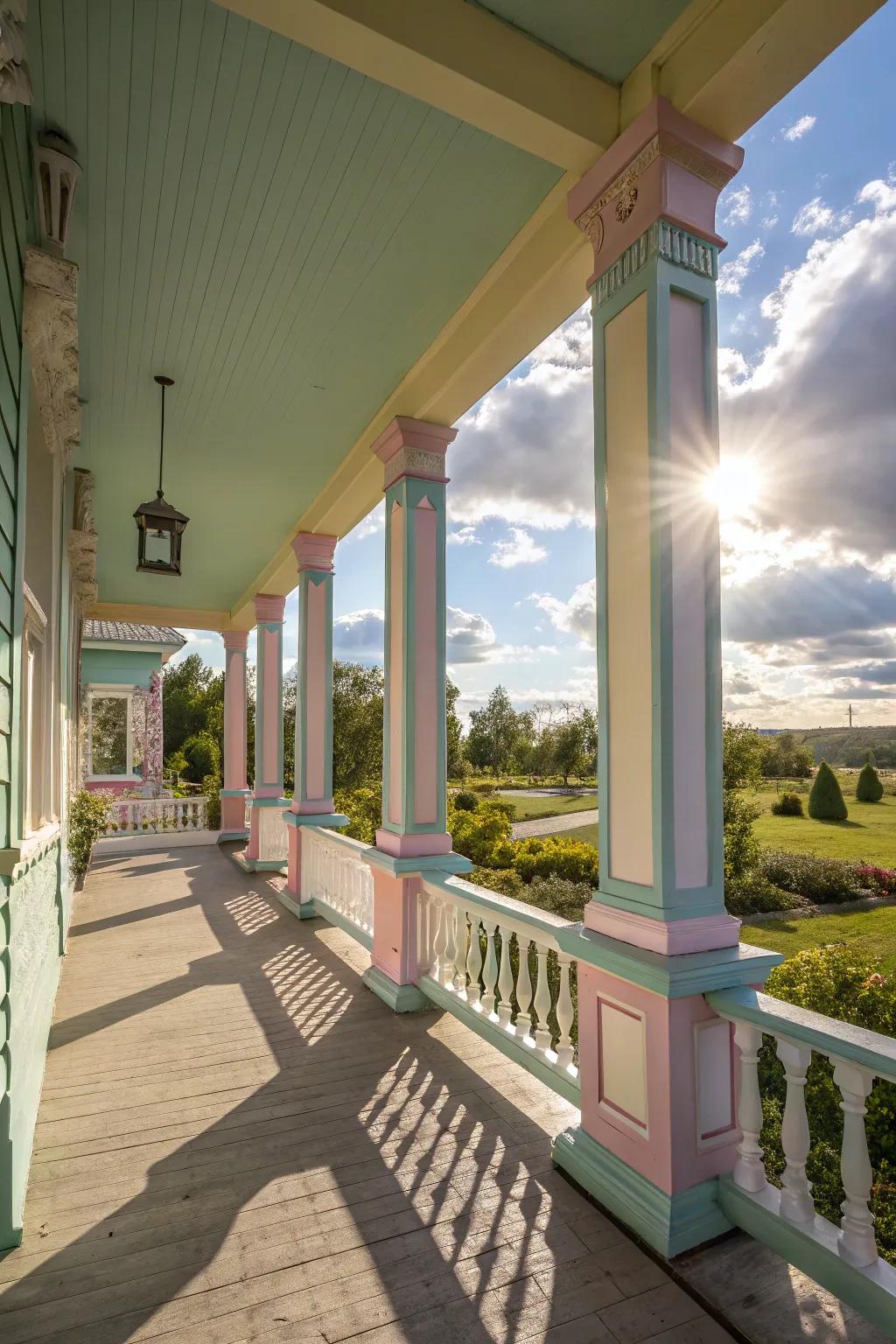 Pastel colors on square columns create a soft, inviting atmosphere.