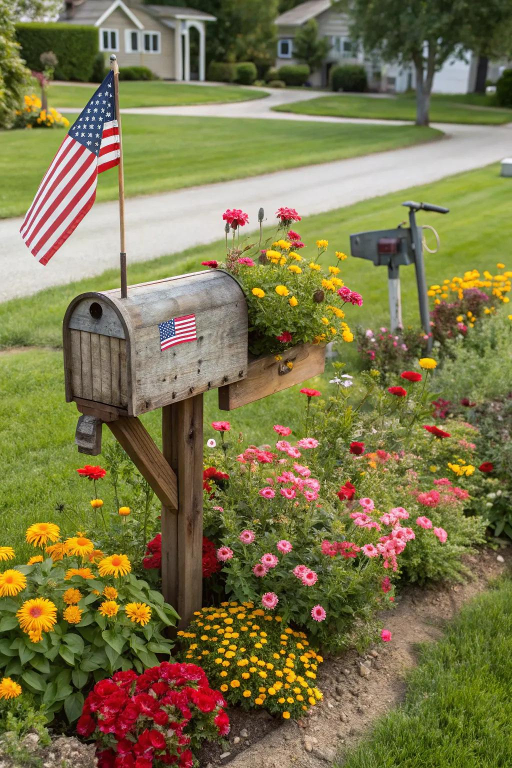 Bright annual flowers adding lively color to mailbox flower beds.