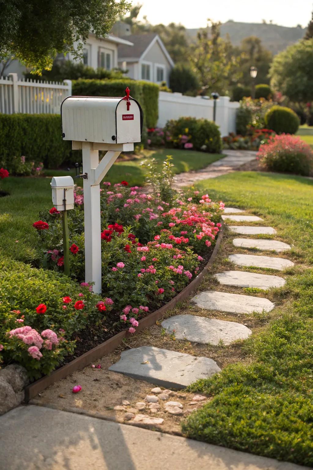 Stepping stones adding charm and easy access to mailbox flower beds.
