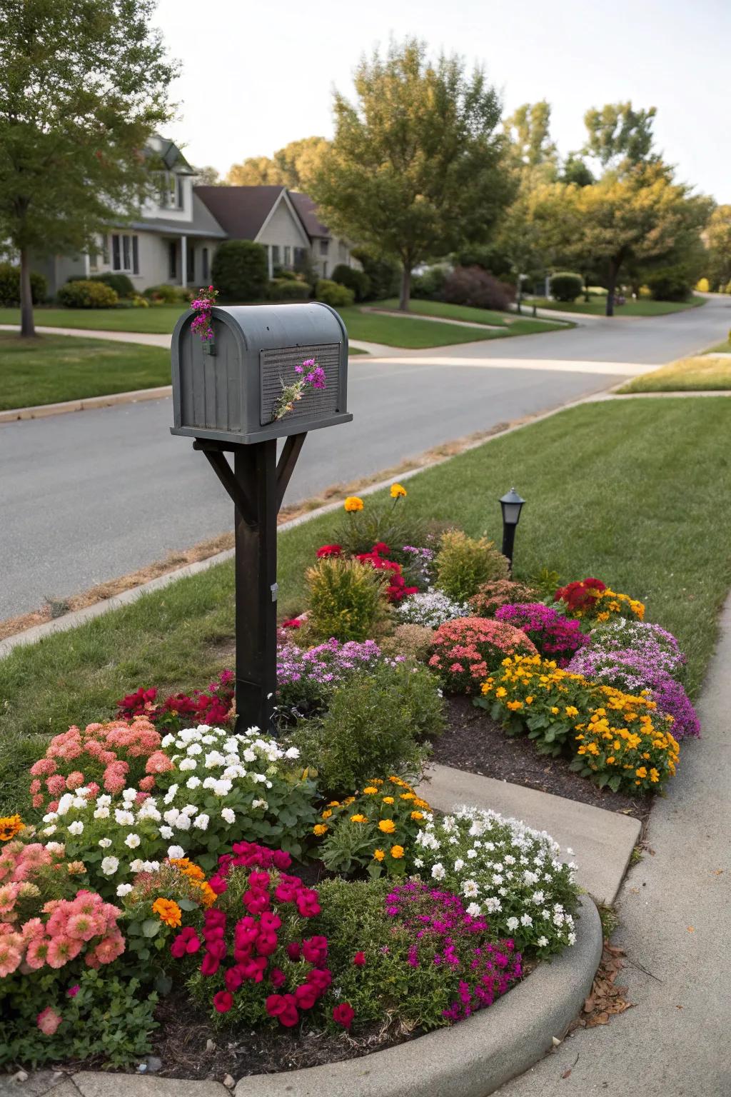 Coordinated flower and mailbox colors for a cohesive garden design.