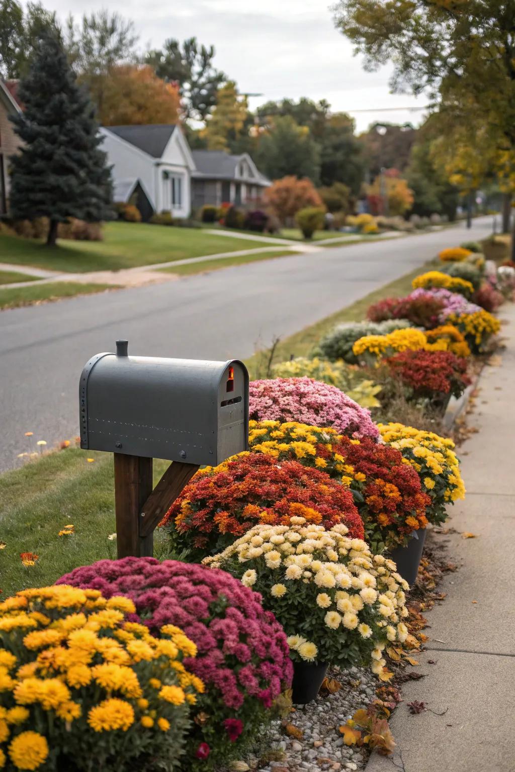 Seasonal flowers providing continuous color around mailbox.