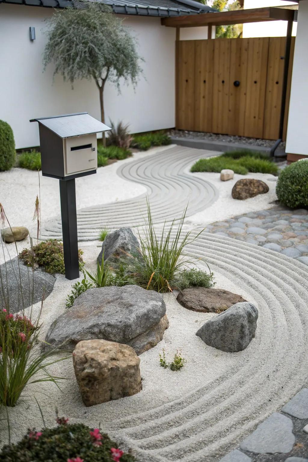 Minimalist zen garden creating a peaceful mailbox setting.