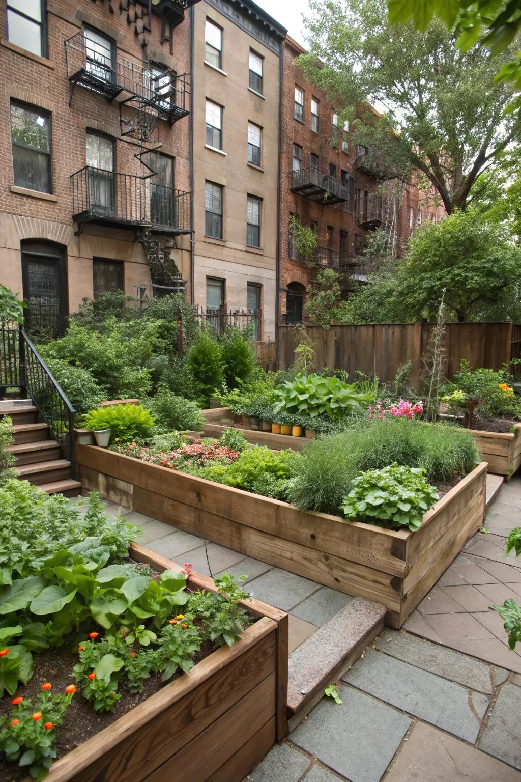 A backyard featuring multi-level landscaping with vibrant plants.