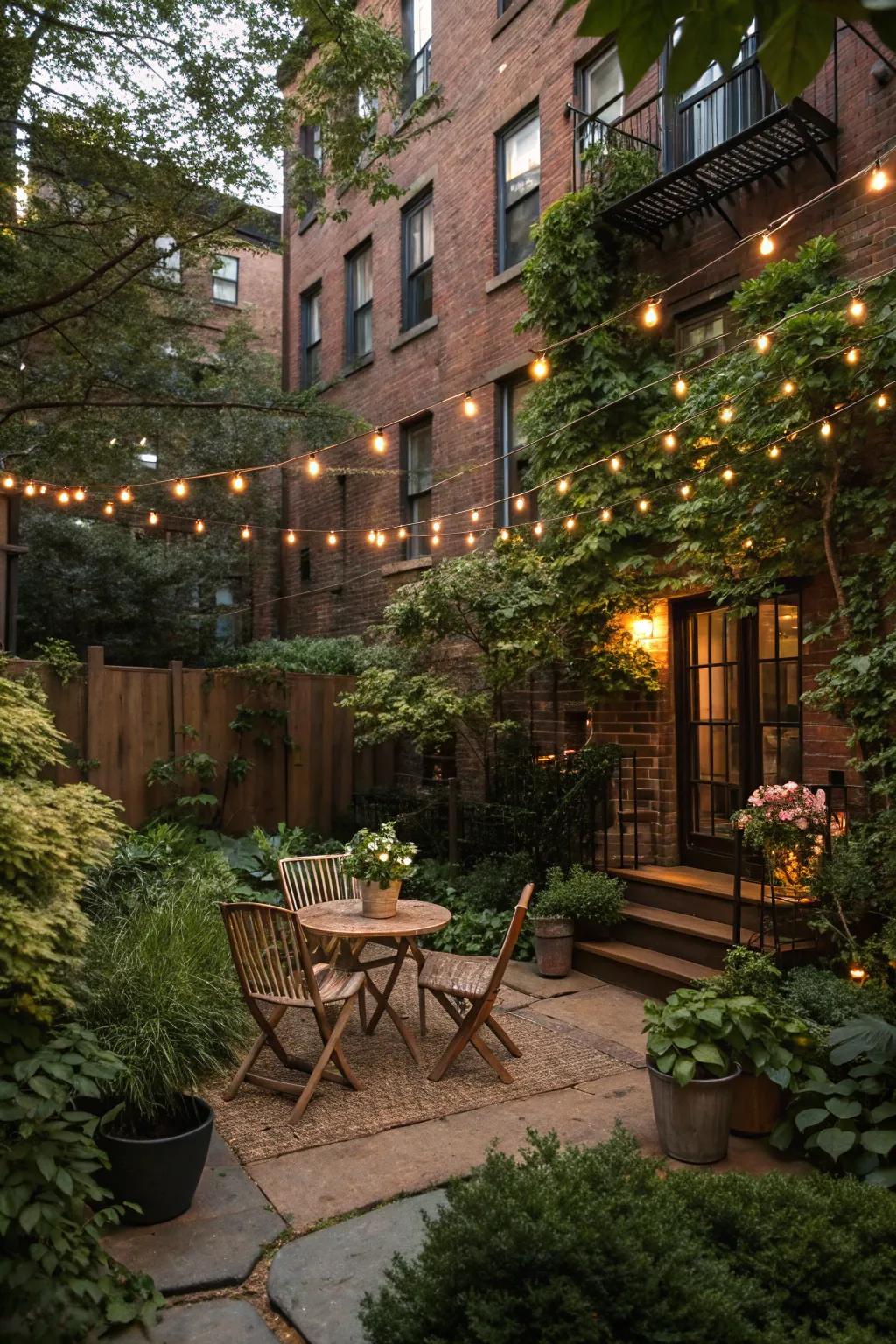 String lights casting a warm glow over a cozy backyard setting.