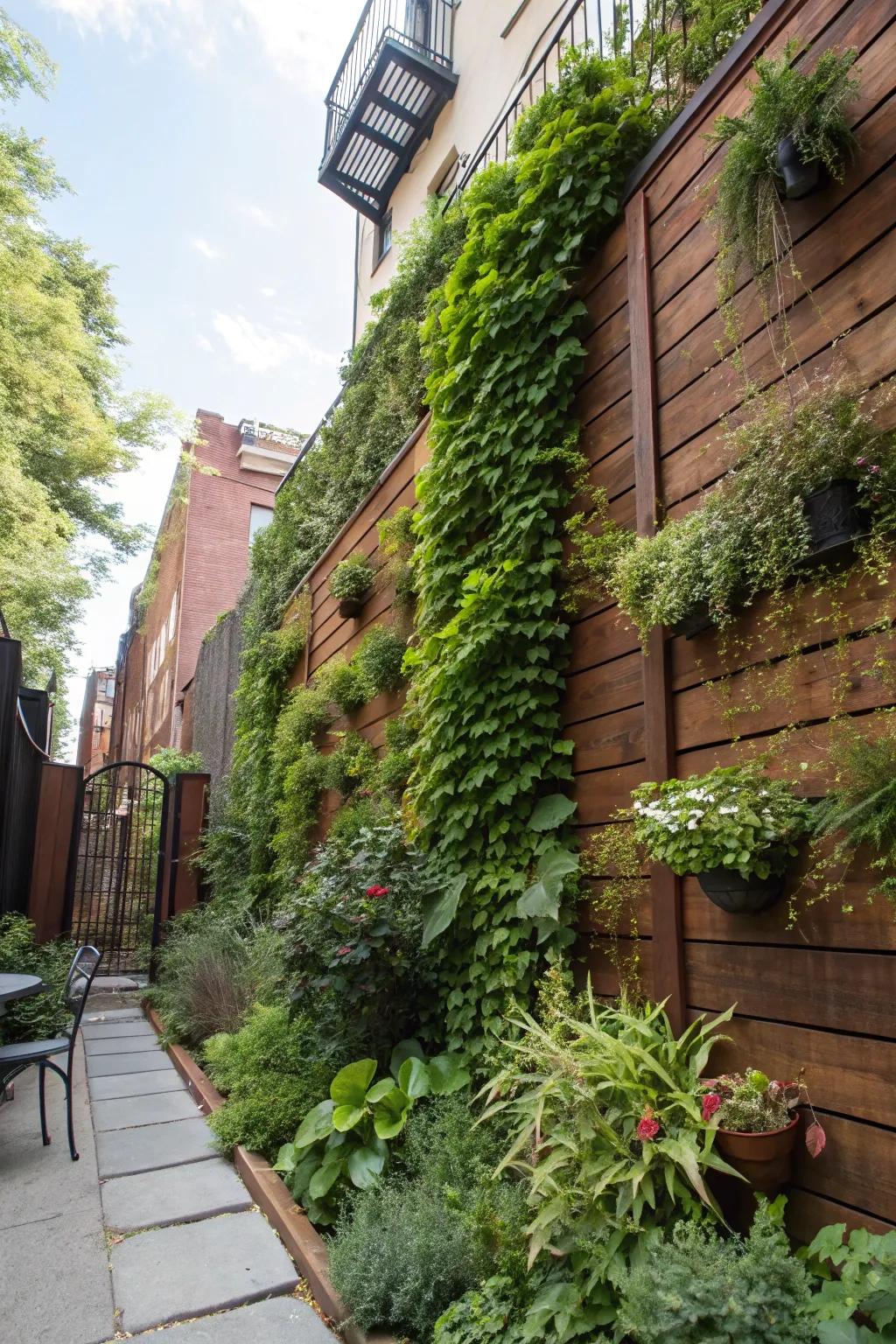 Vertical garden adding lush greenery to a brownstone backyard wall.