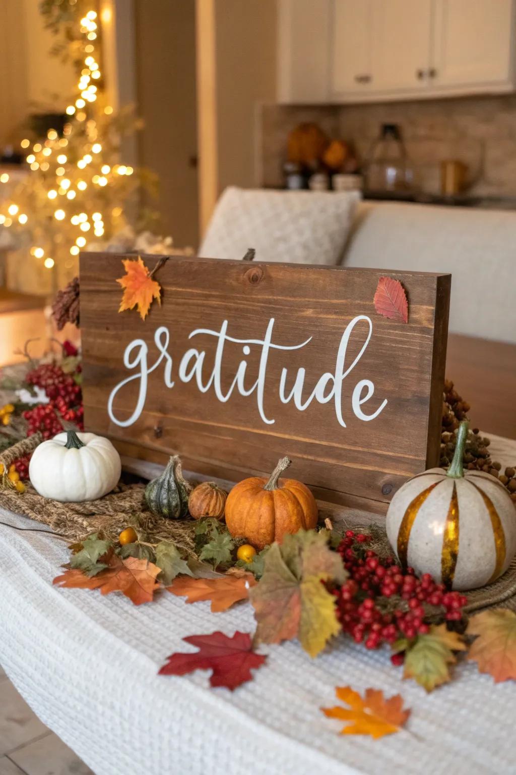 A personalized'Gratitude' sign adding warmth to the room.