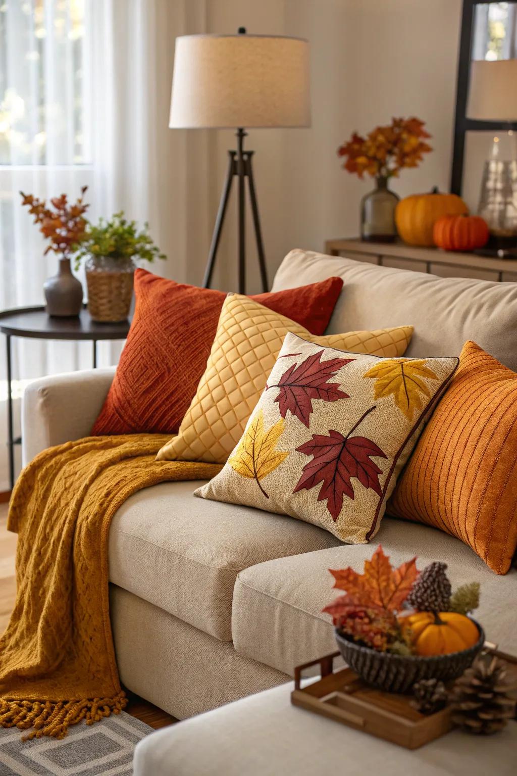Warm-toned throw pillows adding comfort and color.