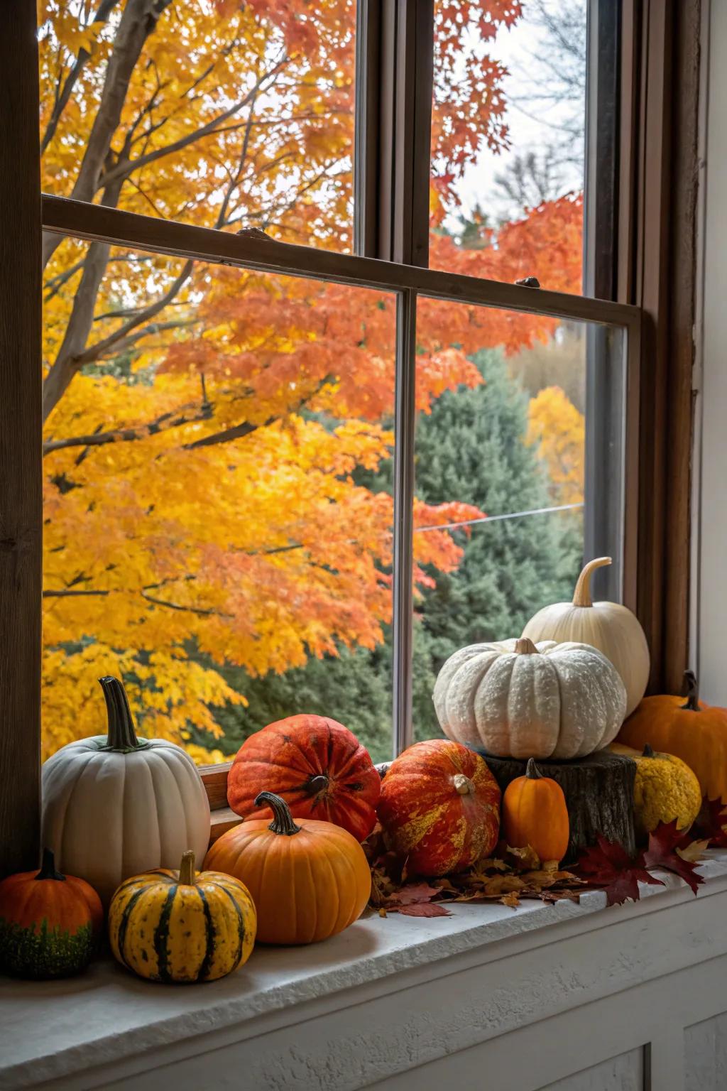 Mantel decorated with a mix of painted and natural pumpkins.