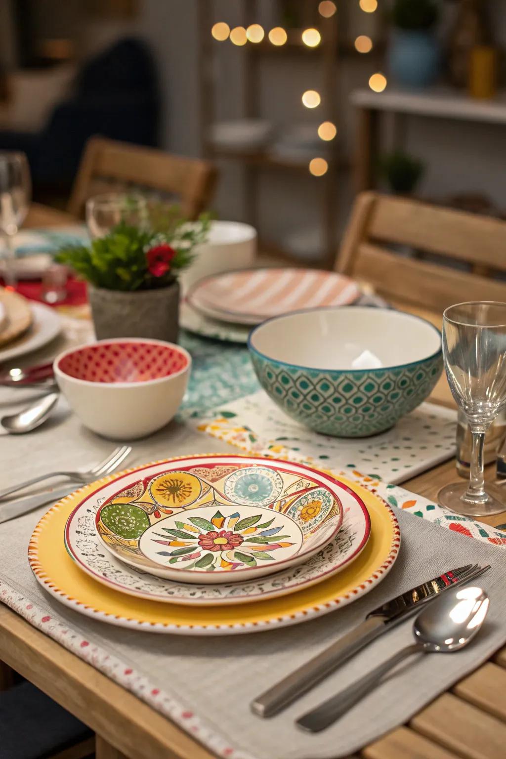 A mix of eclectic plates creating a unique dining experience.