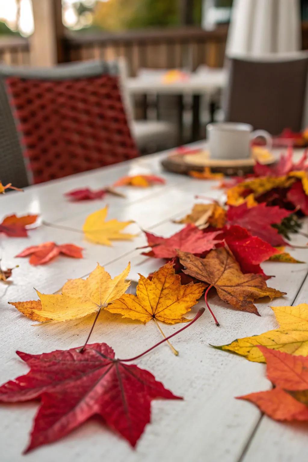 Bright autumn leaves artfully scattered on a table.