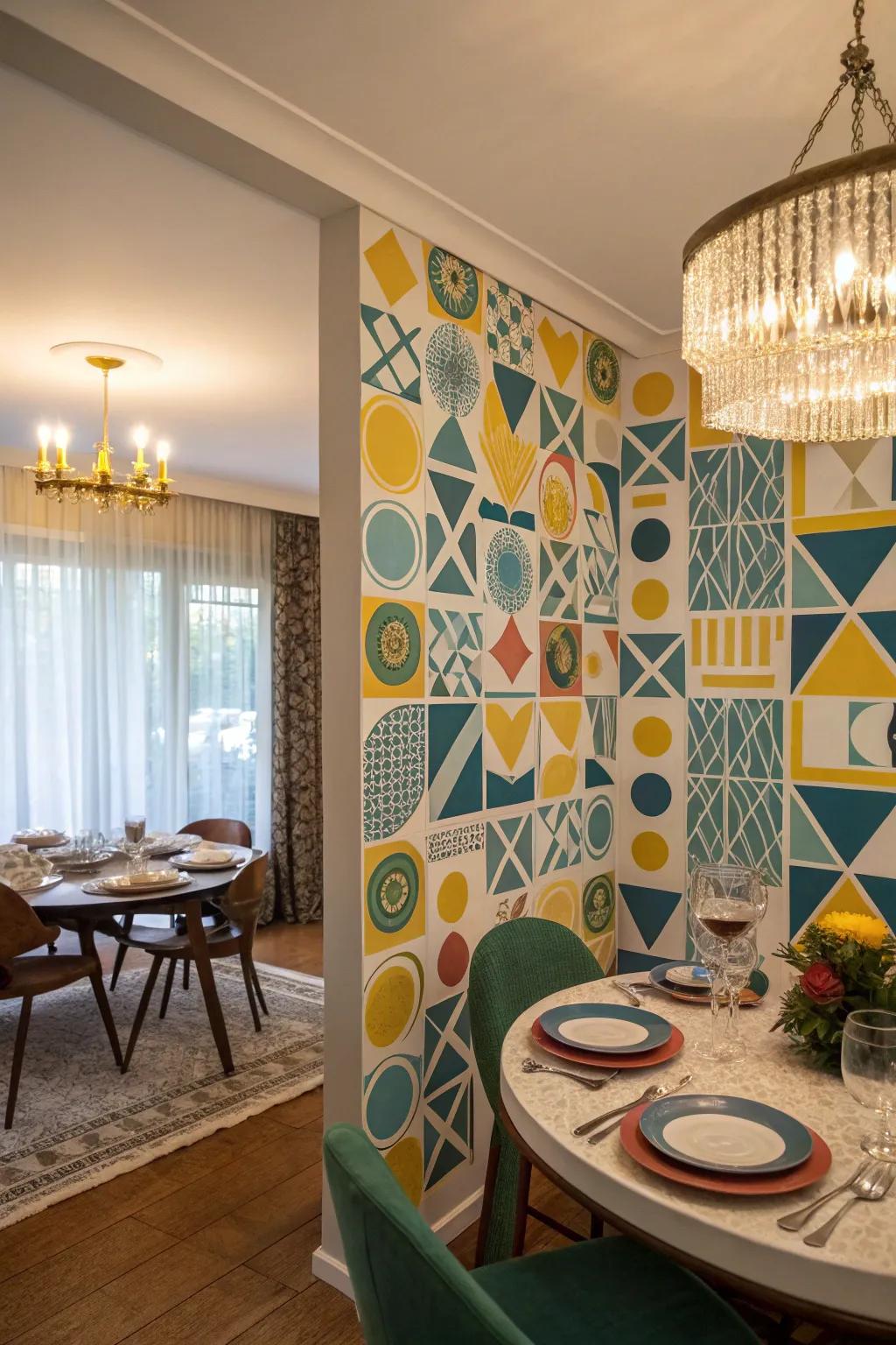 Dynamic geometric motifs combine playfulness with sophistication.