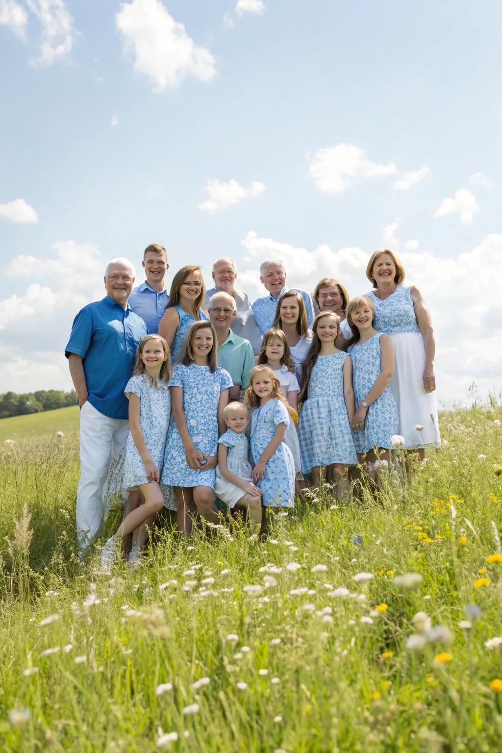 Coordinated colors create visually appealing family photos.