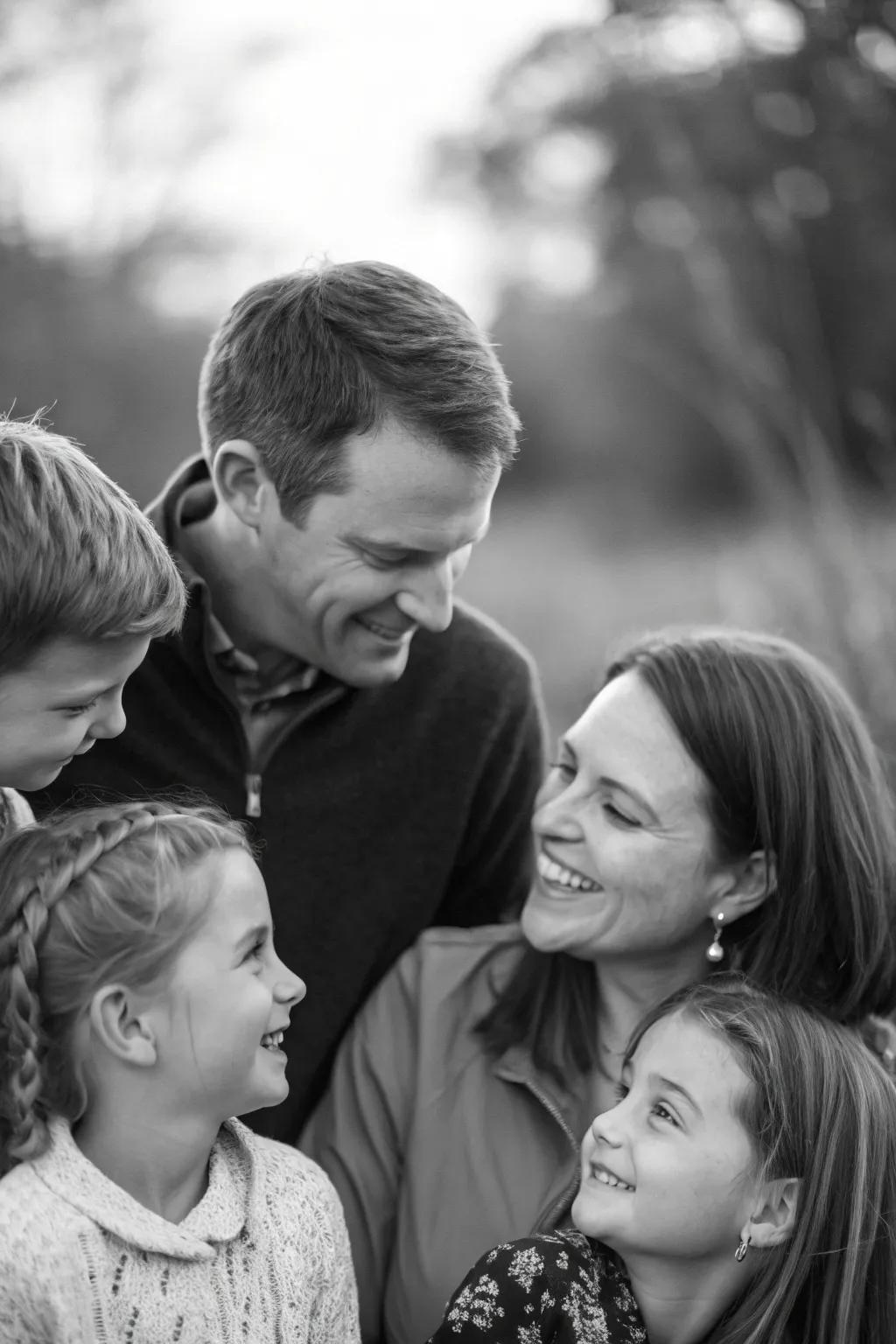 Black and white photos offer a timeless and elegant family portrait style.