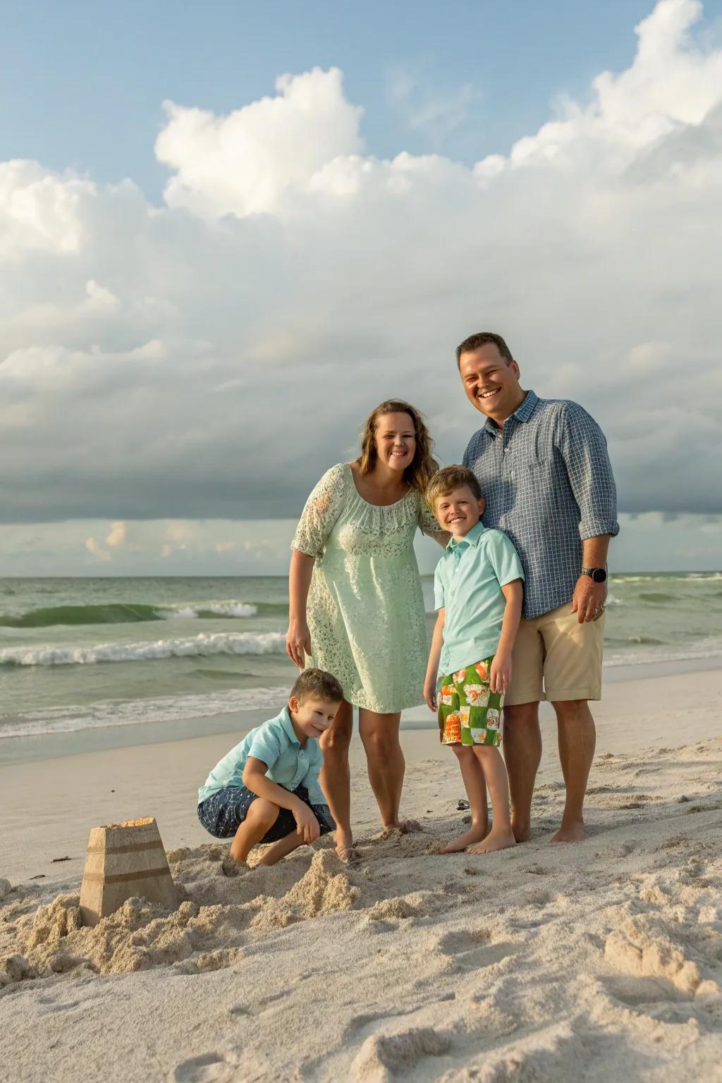 Beach locations offer peaceful and scenic backdrops for family portraits.
