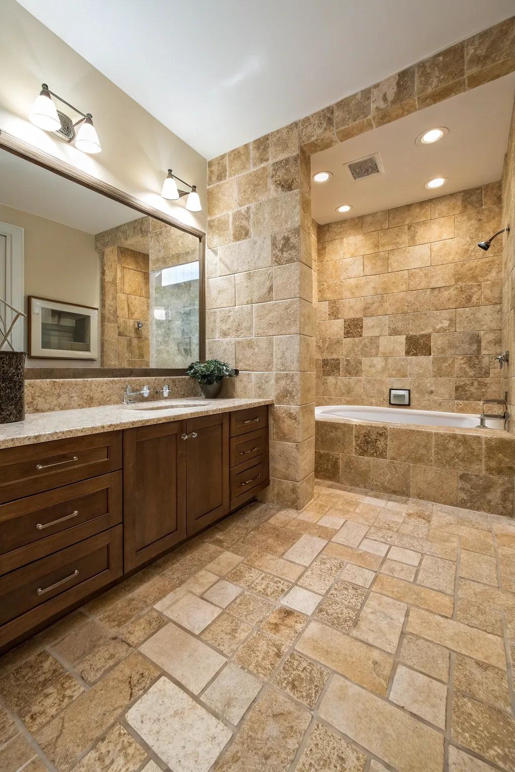 Bathroom showcasing a blend of travertine tile textures and cuts for visual depth.