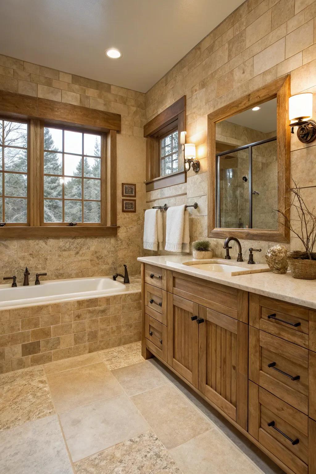 Bathroom combining rustic charm with sleek modern travertine design.