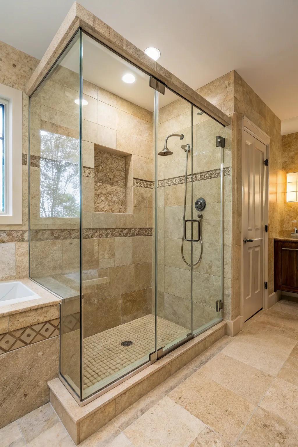 Walk-in shower with travertine walls and frameless glass enclosure for a spa-like feel.