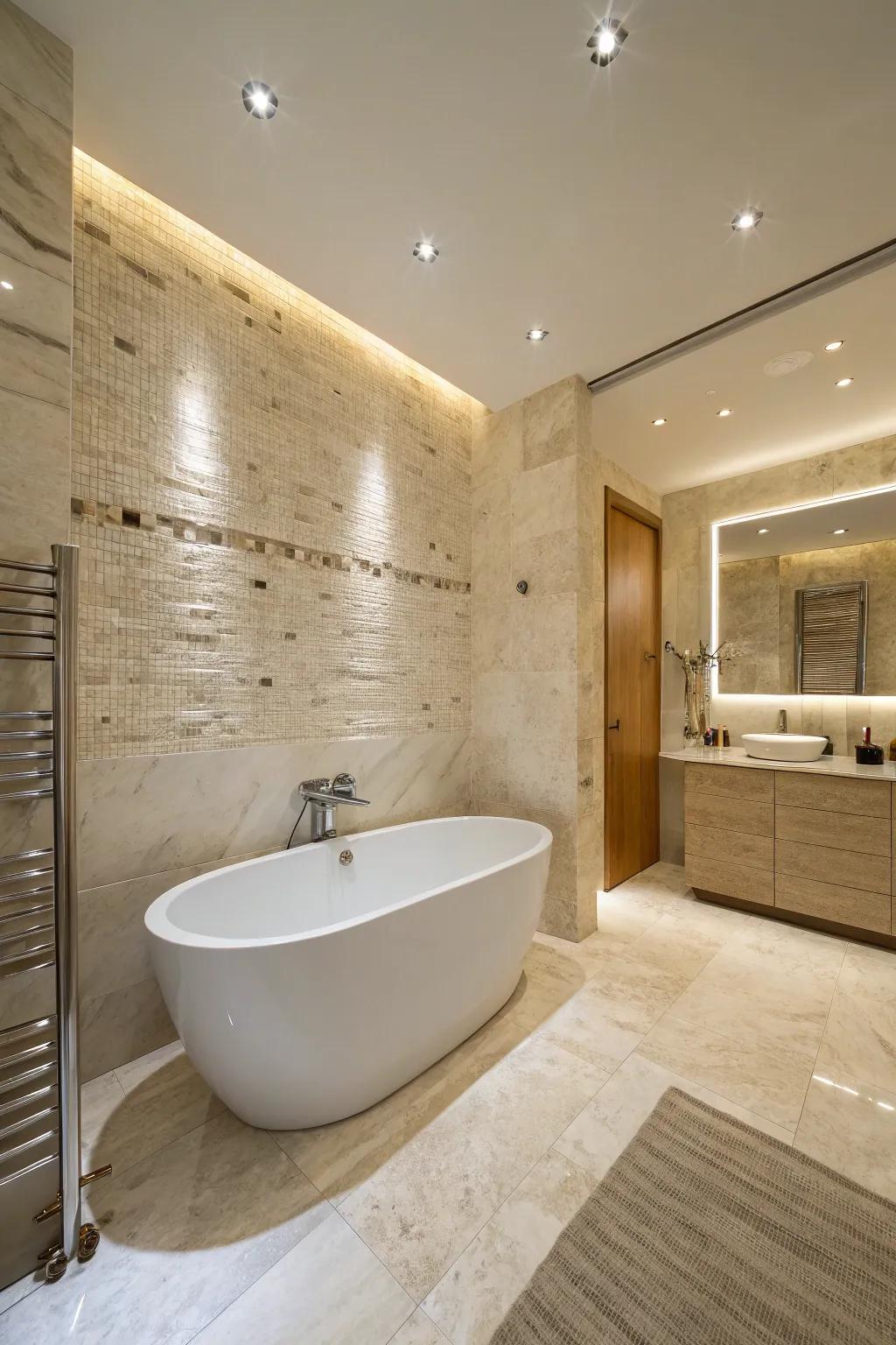Tranquil travertine bathroom illuminated by soft recessed lighting.