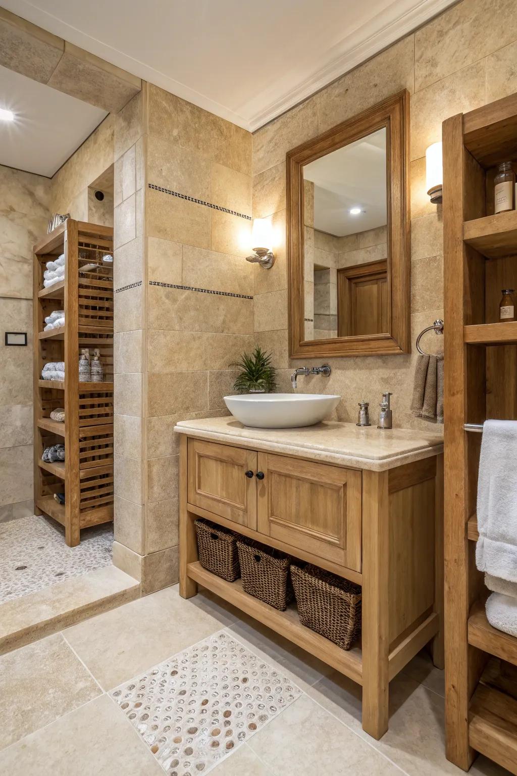 Travertine bathroom complemented by wooden vanity and shelving for added warmth.