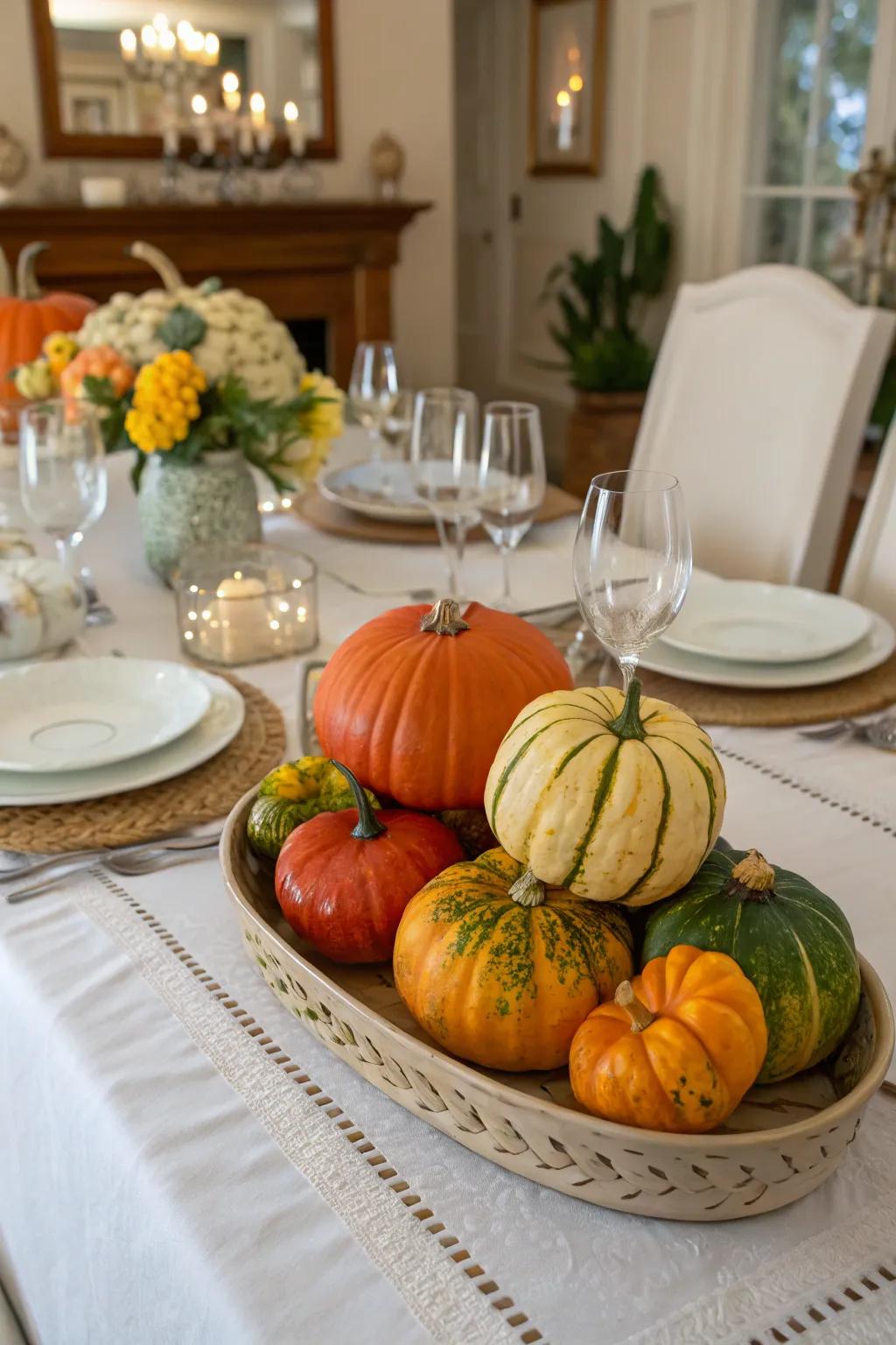 Combining white and orange pumpkins creates elegance.