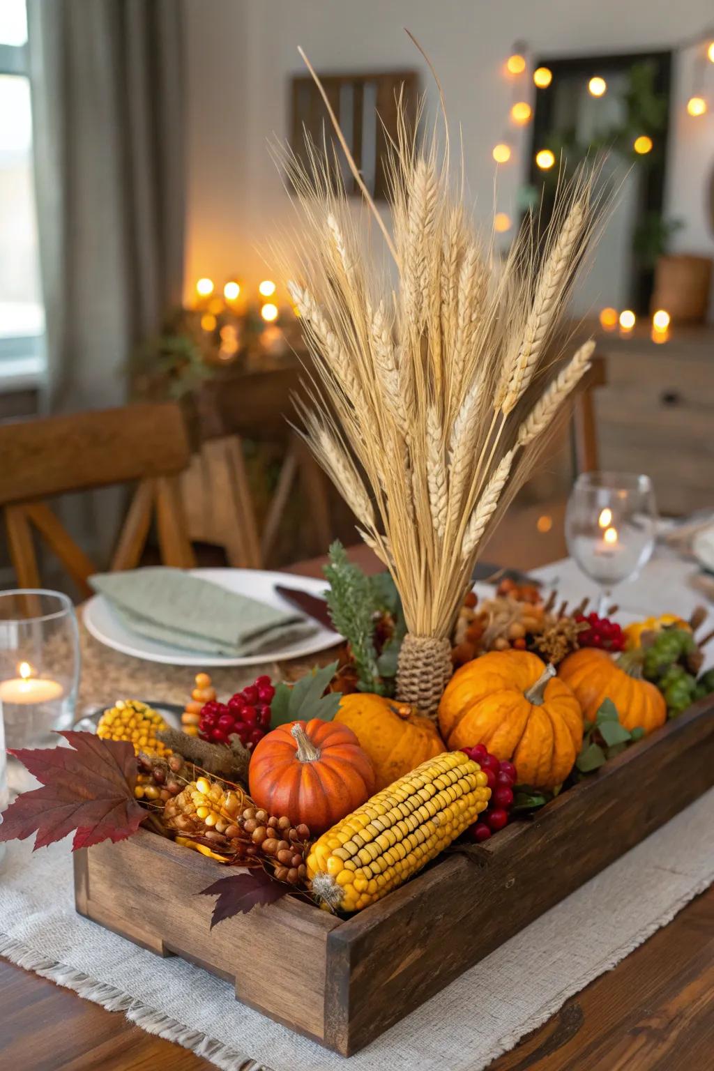 Classic harvest elements like wheat and gourds.