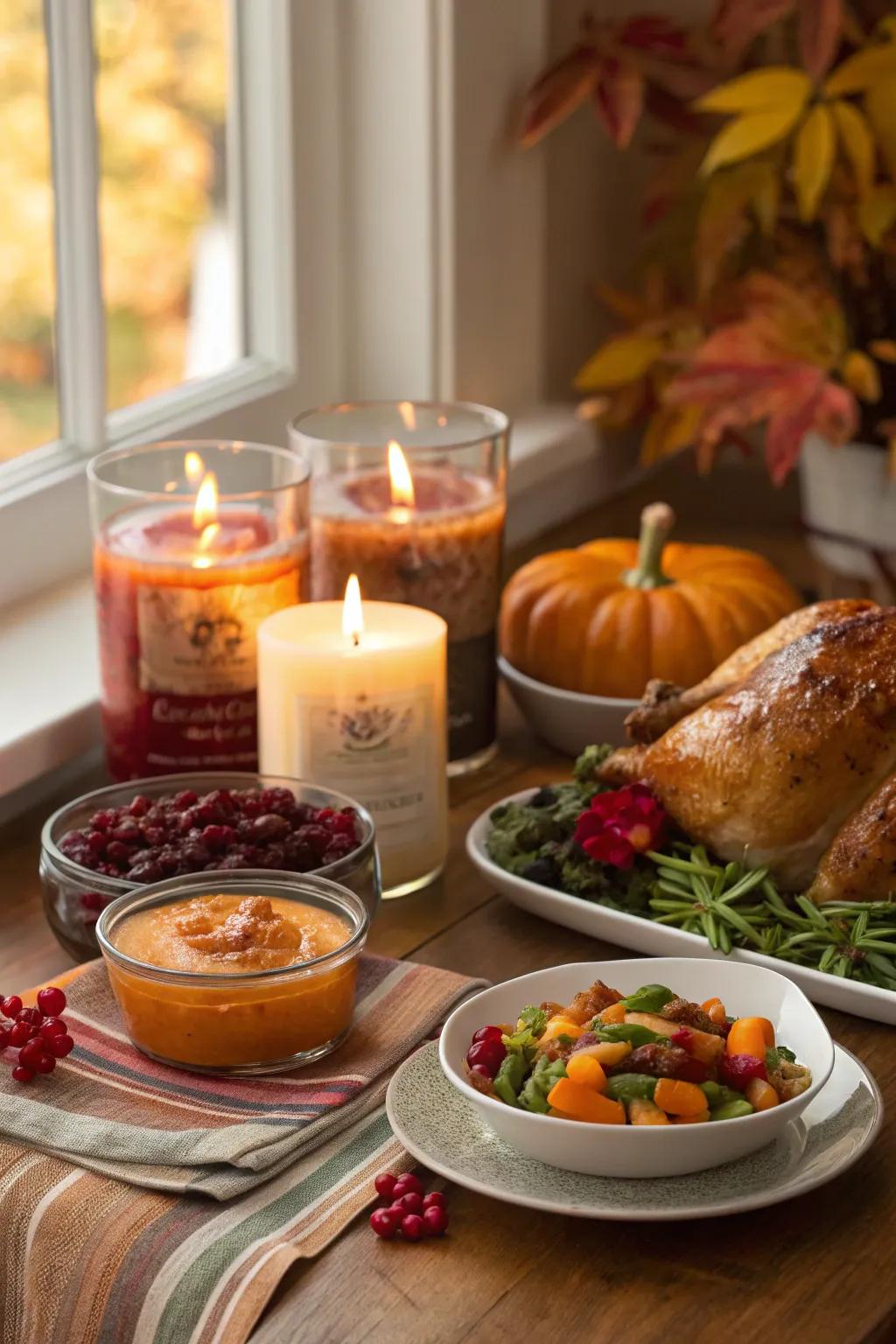 Scented candles fill the room with cozy fall fragrances.