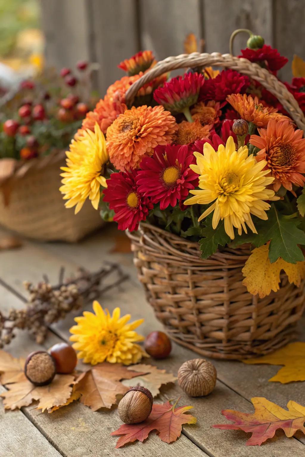 Seasonal flowers like mums add lively color.