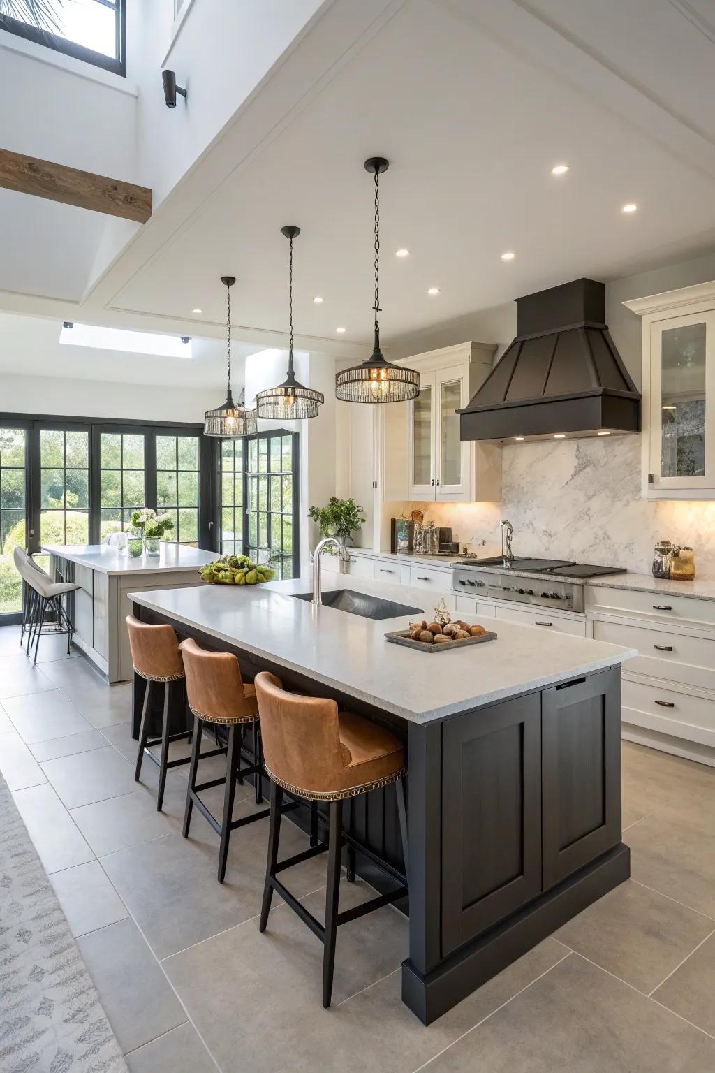 Double kitchen islands for enhanced utility.