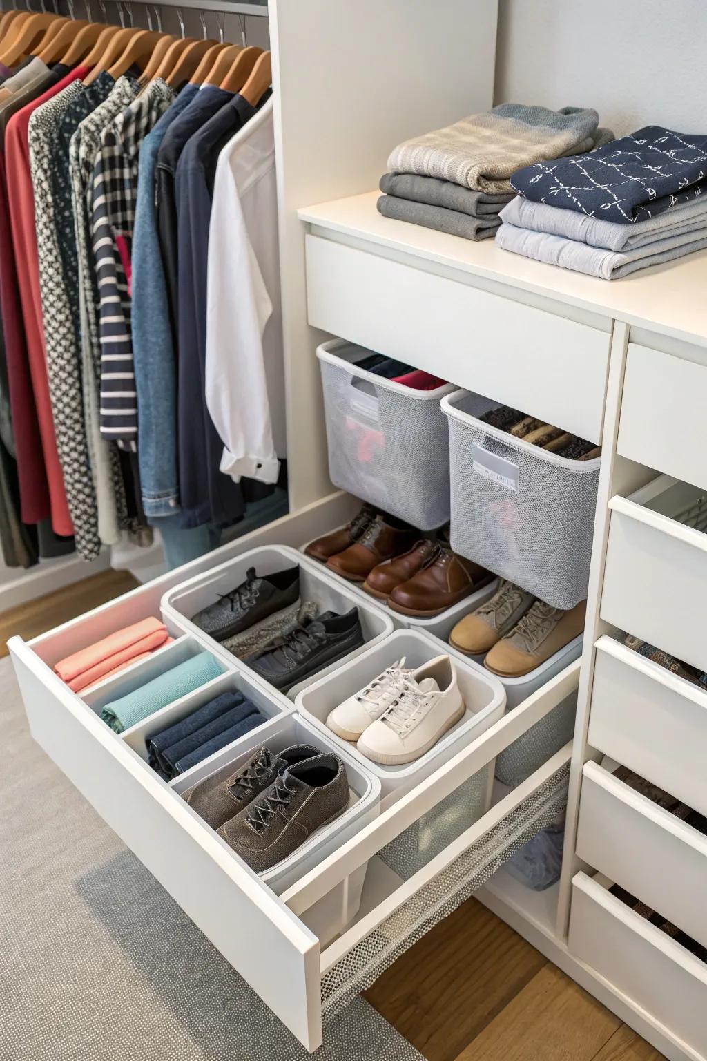 Slide-out bins reveal hidden items effortlessly.