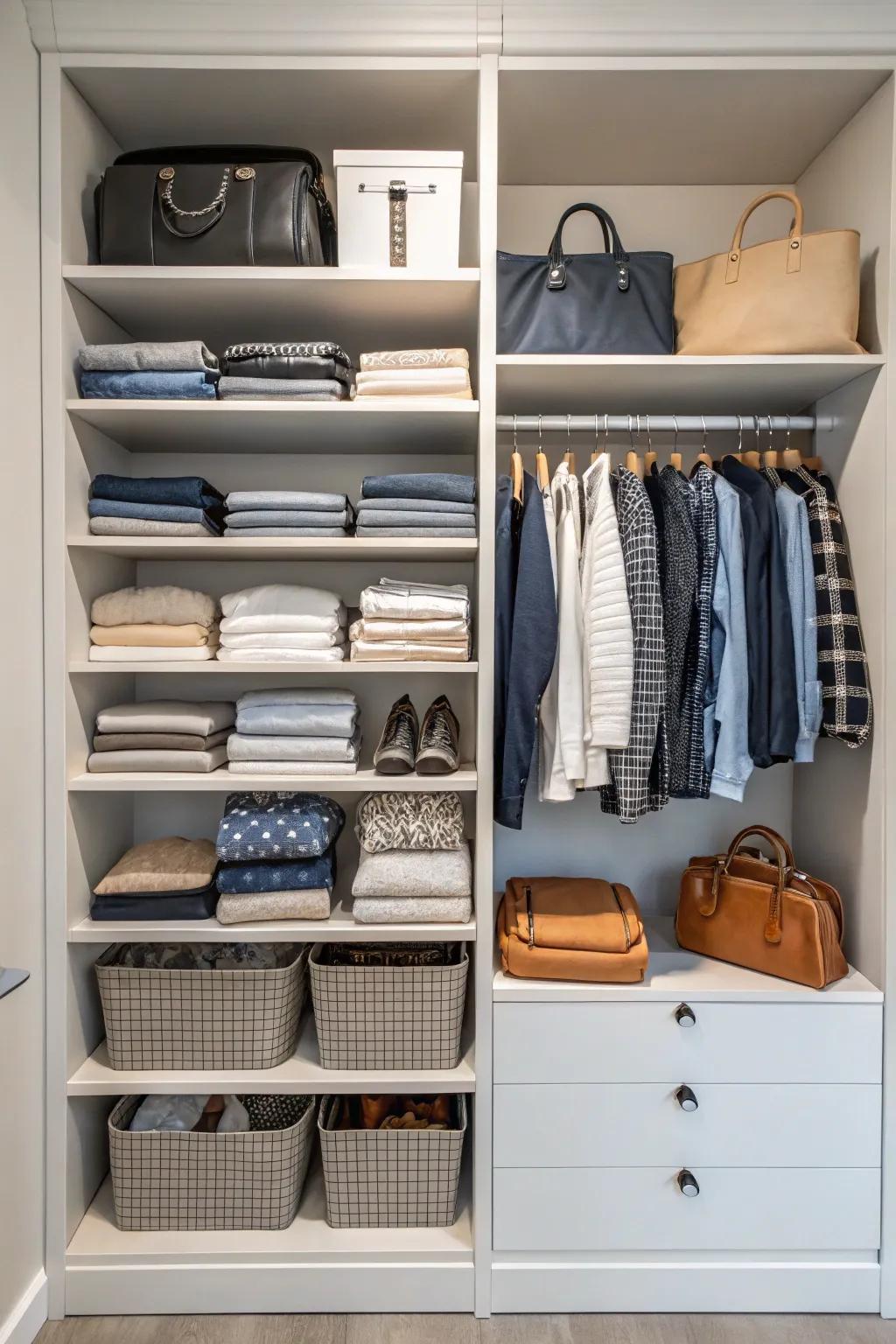 Stacked shelves utilize vertical closet space effectively.