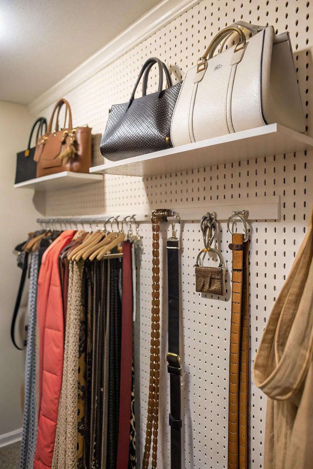 Pegboards offer customizable storage for accessories.