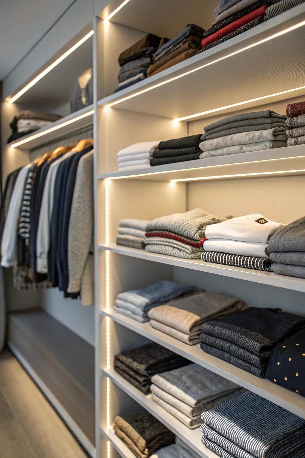 Shelf dividers keep folded clothes neat and upright.