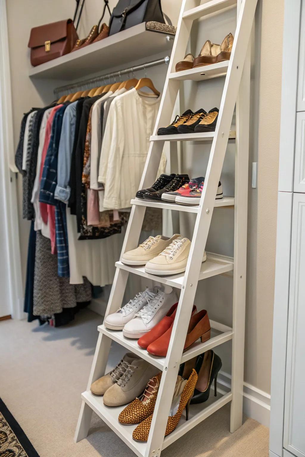 A shoe ladder organizes shoes stylishly while saving space.