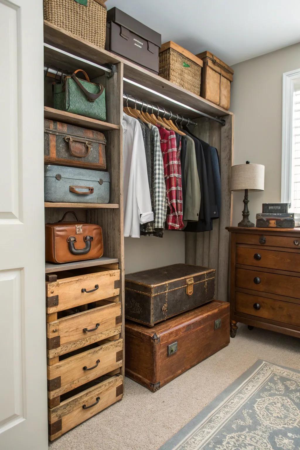 Repurposed furniture adds charm and storage to your closet.
