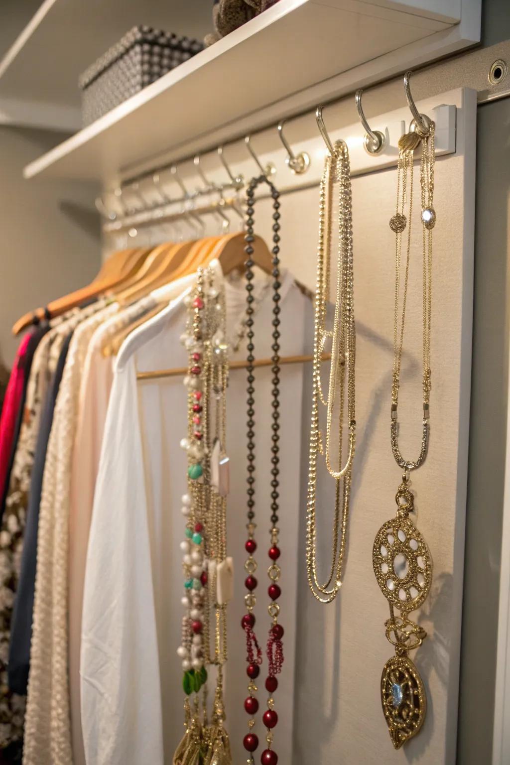 Hanging jewelry organizers prevent tangles and display your collection.