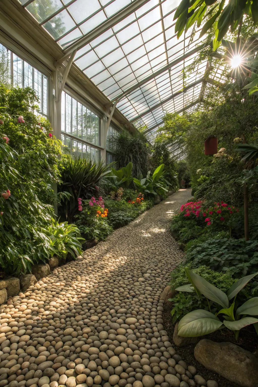 Pebble flooring provides a tactile and natural surface.