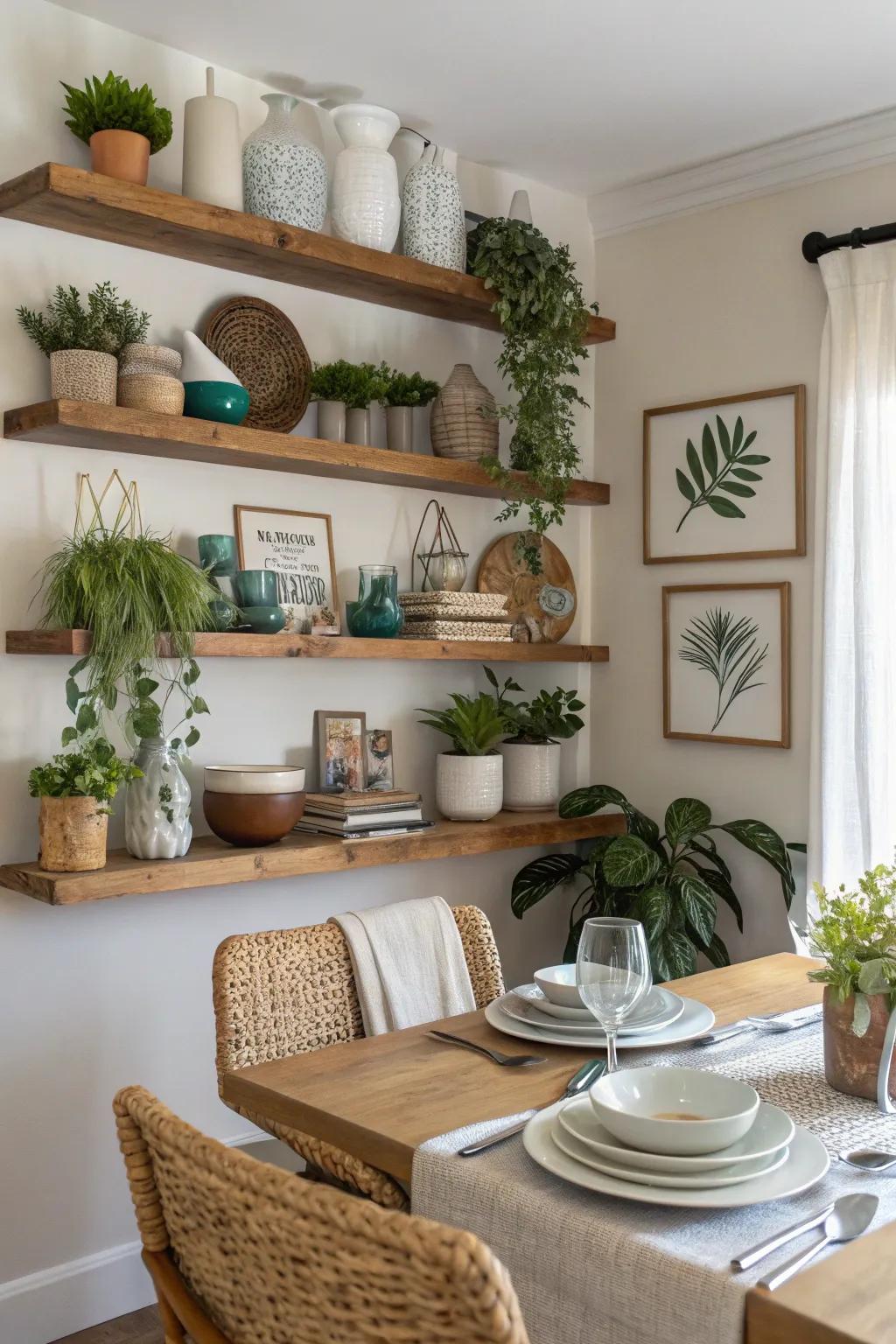 Floating shelves provide elegant storage without sacrificing floor space.