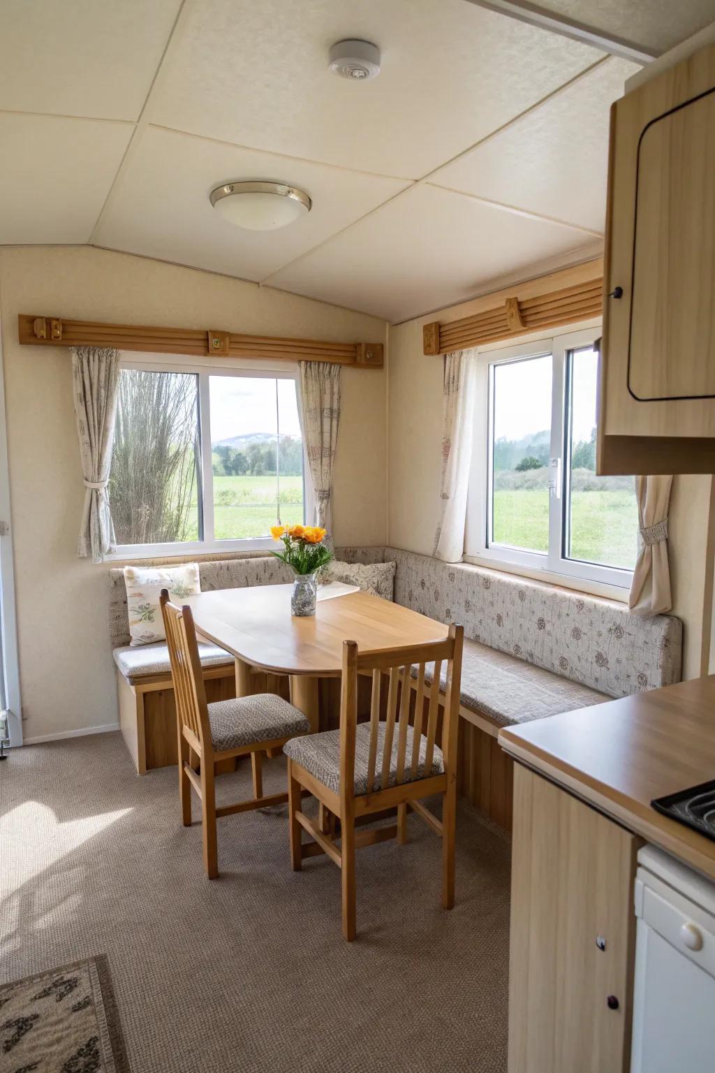 Neutral colors create a spacious and tranquil dining environment.