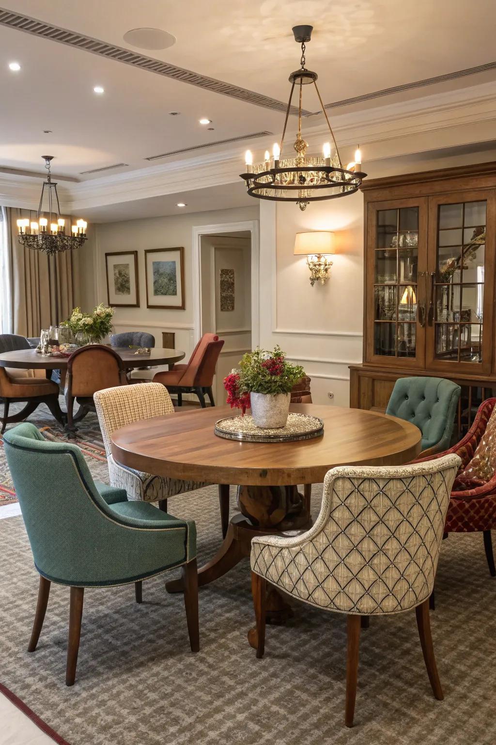 Mix-and-match seating adds charm and individuality to your dining room.