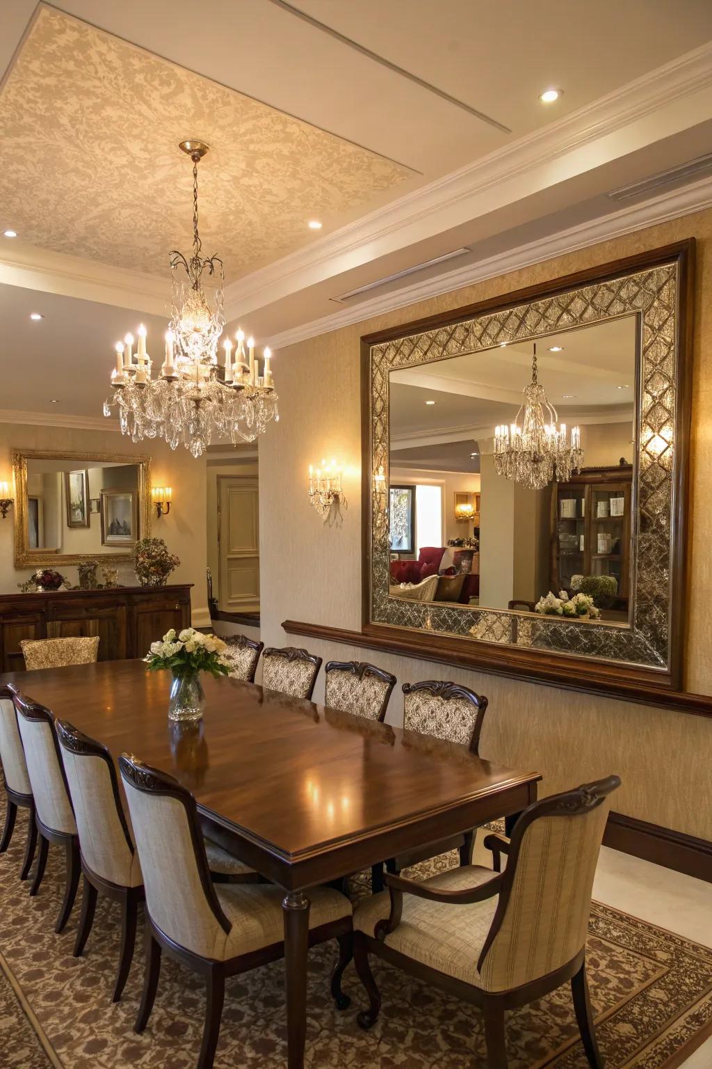 Reflective surfaces create a sense of spaciousness in your dining room.