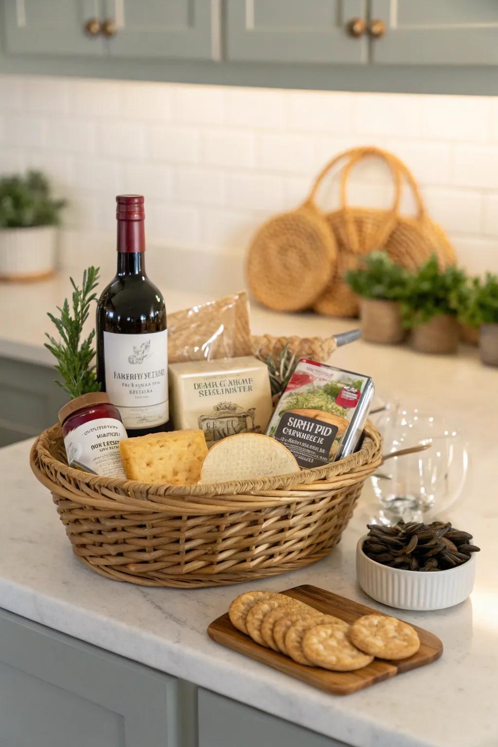 Gourmet gift basket featuring fine foods and wine.