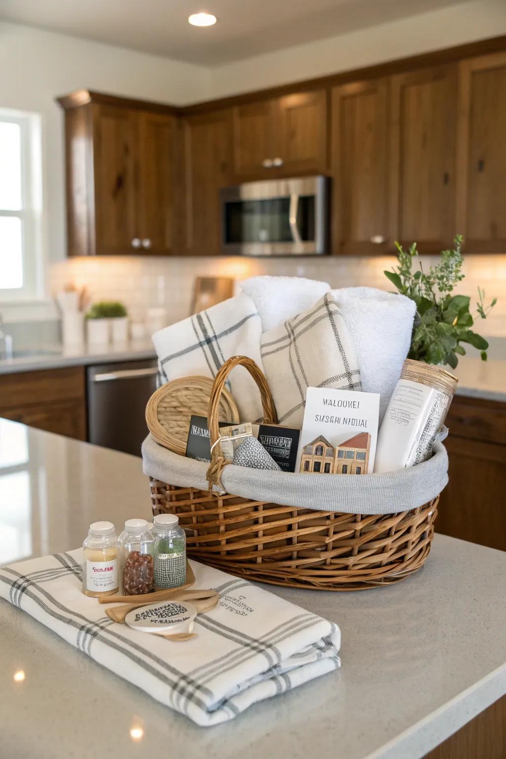 Housewarming gift basket filled with useful home items.