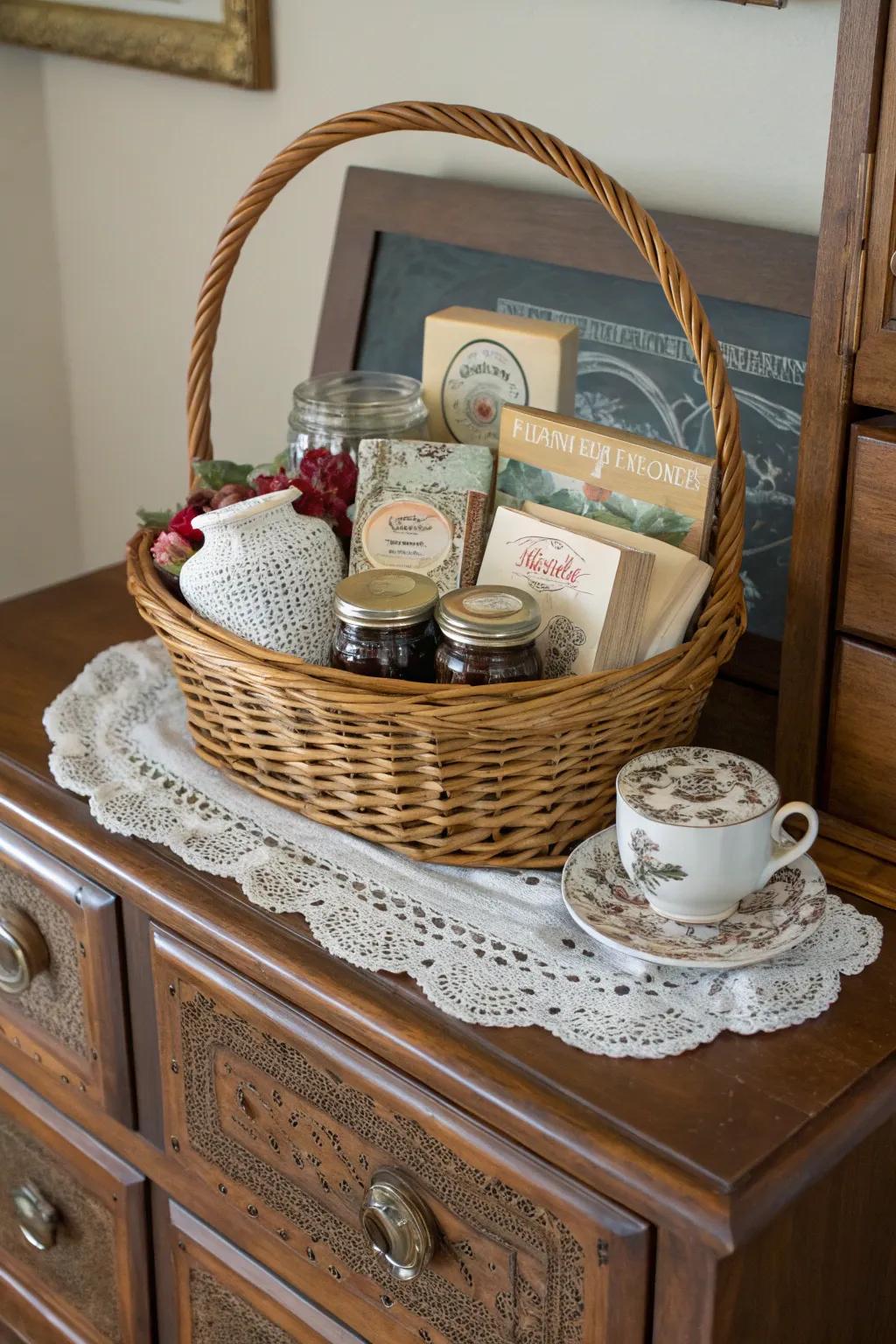 Vintage-inspired gift basket with classic elements.