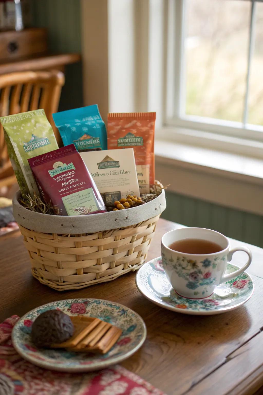 Tea-themed gift basket ideal for tea aficionados.