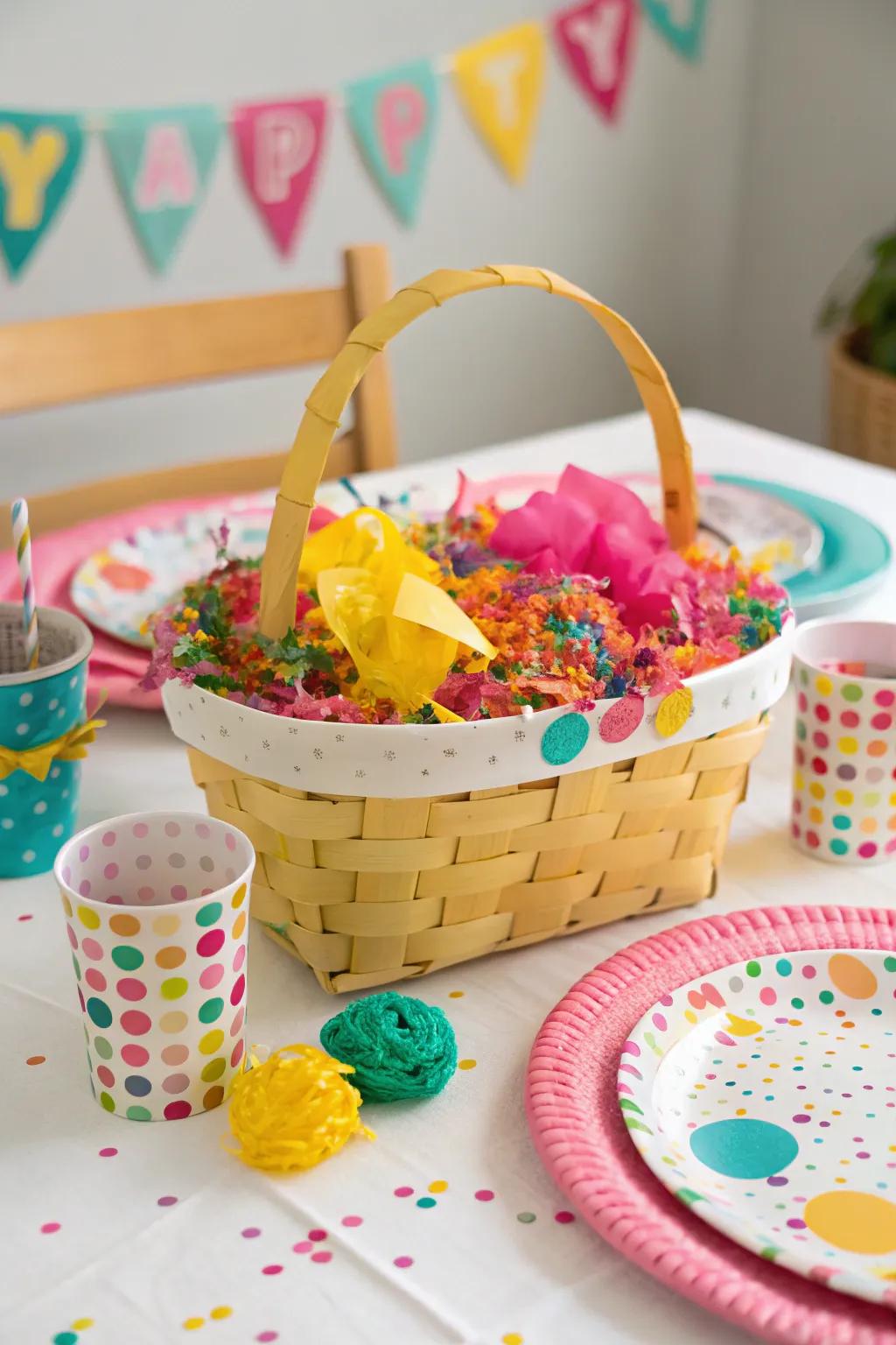 Colorful and lively gift basket with playful decorations.