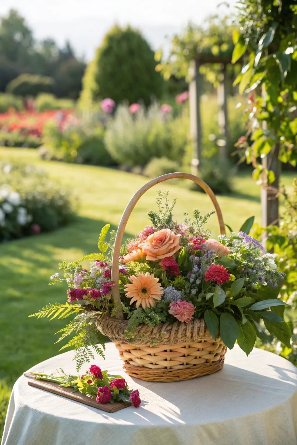 Gift basket decorated with fresh flowers and greenery.