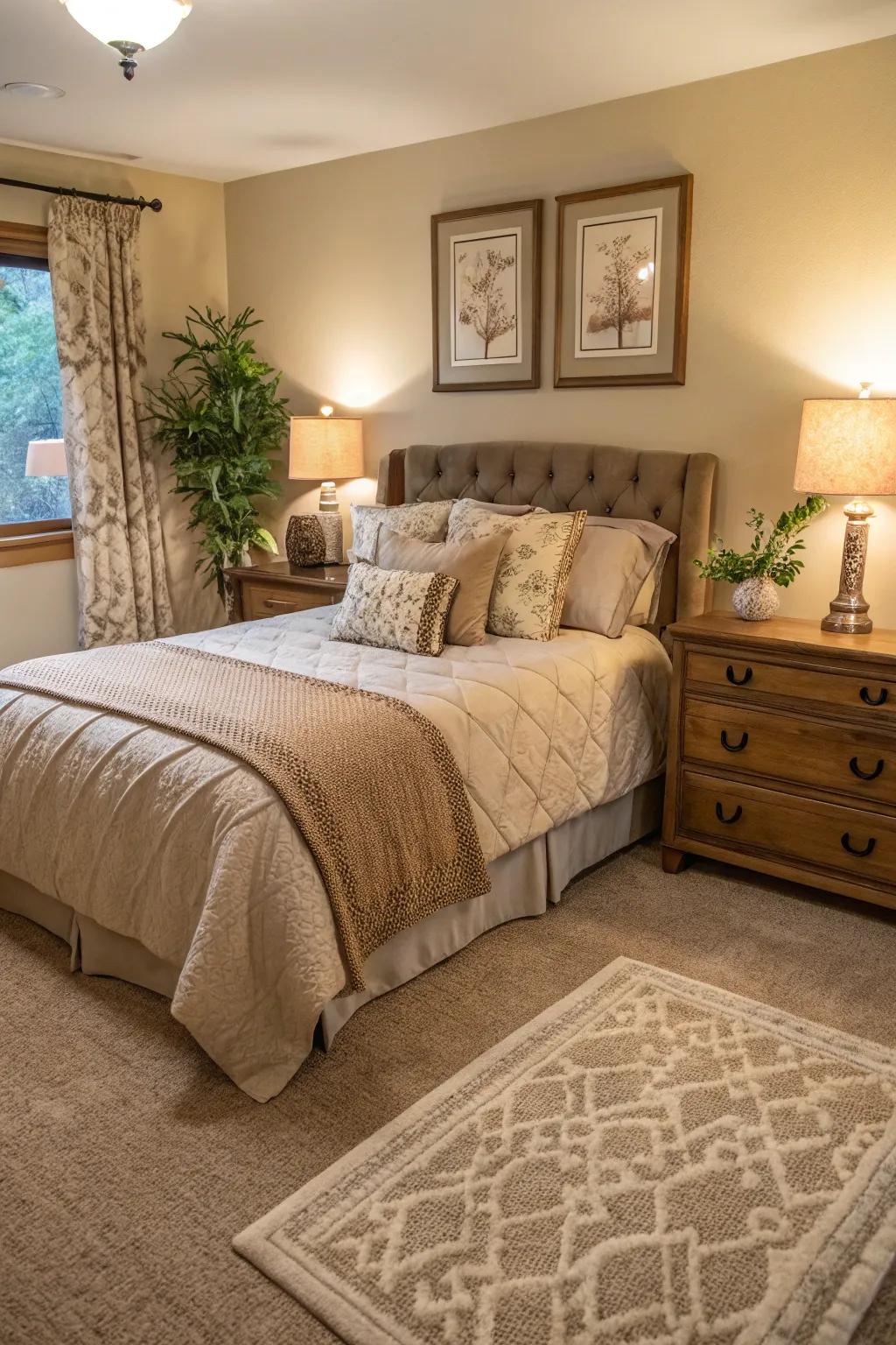 Color-coordinated carpets create a unified bedroom design.