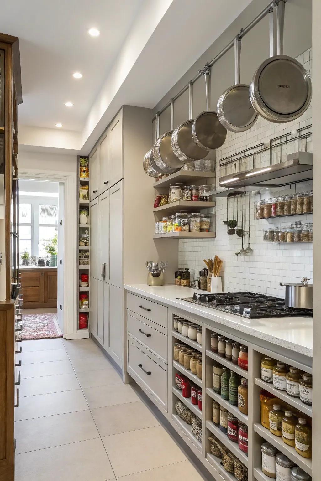 Vertical storage solutions optimize space and add character.