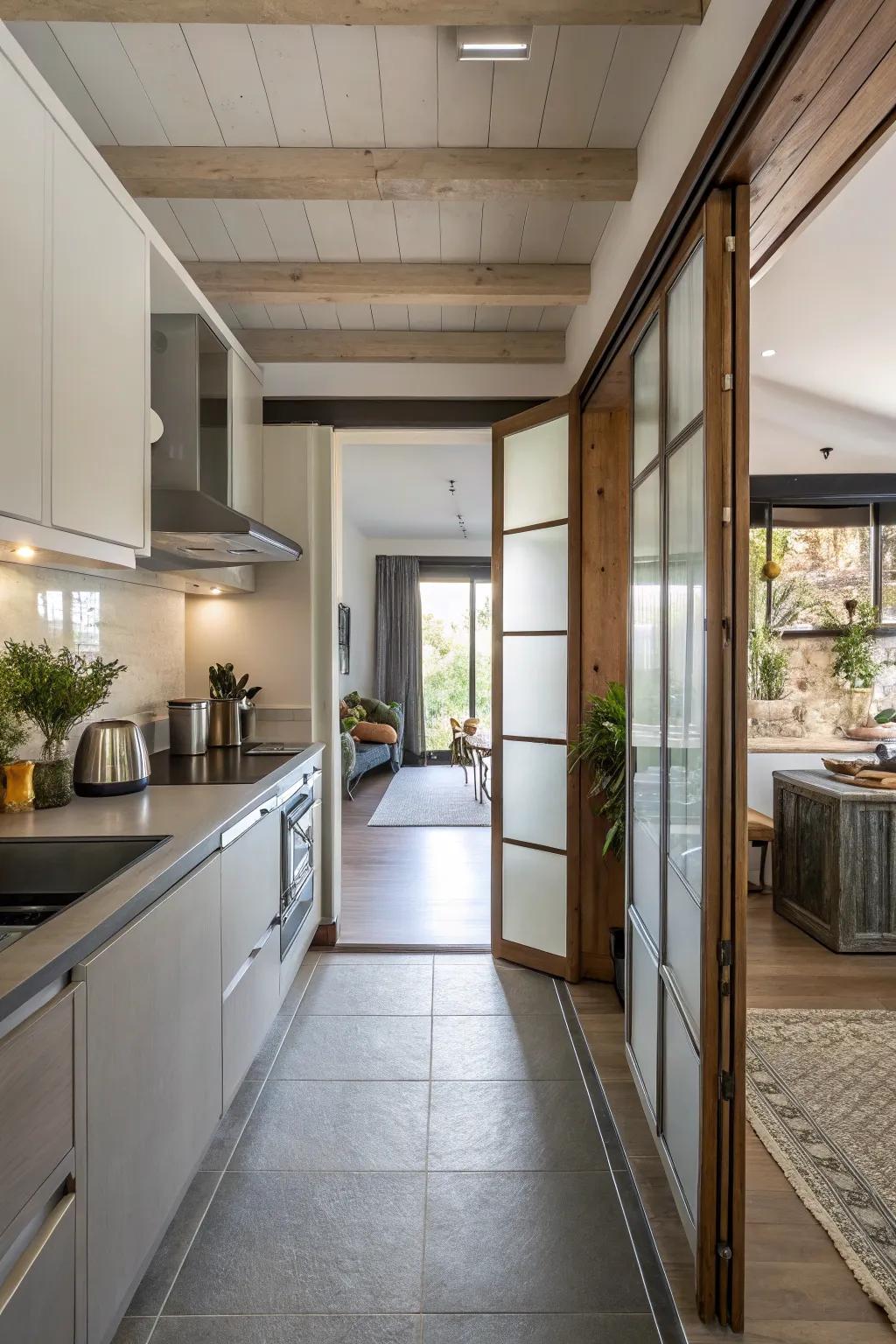 Sliding and pocket doors optimize space and improve kitchen flow.